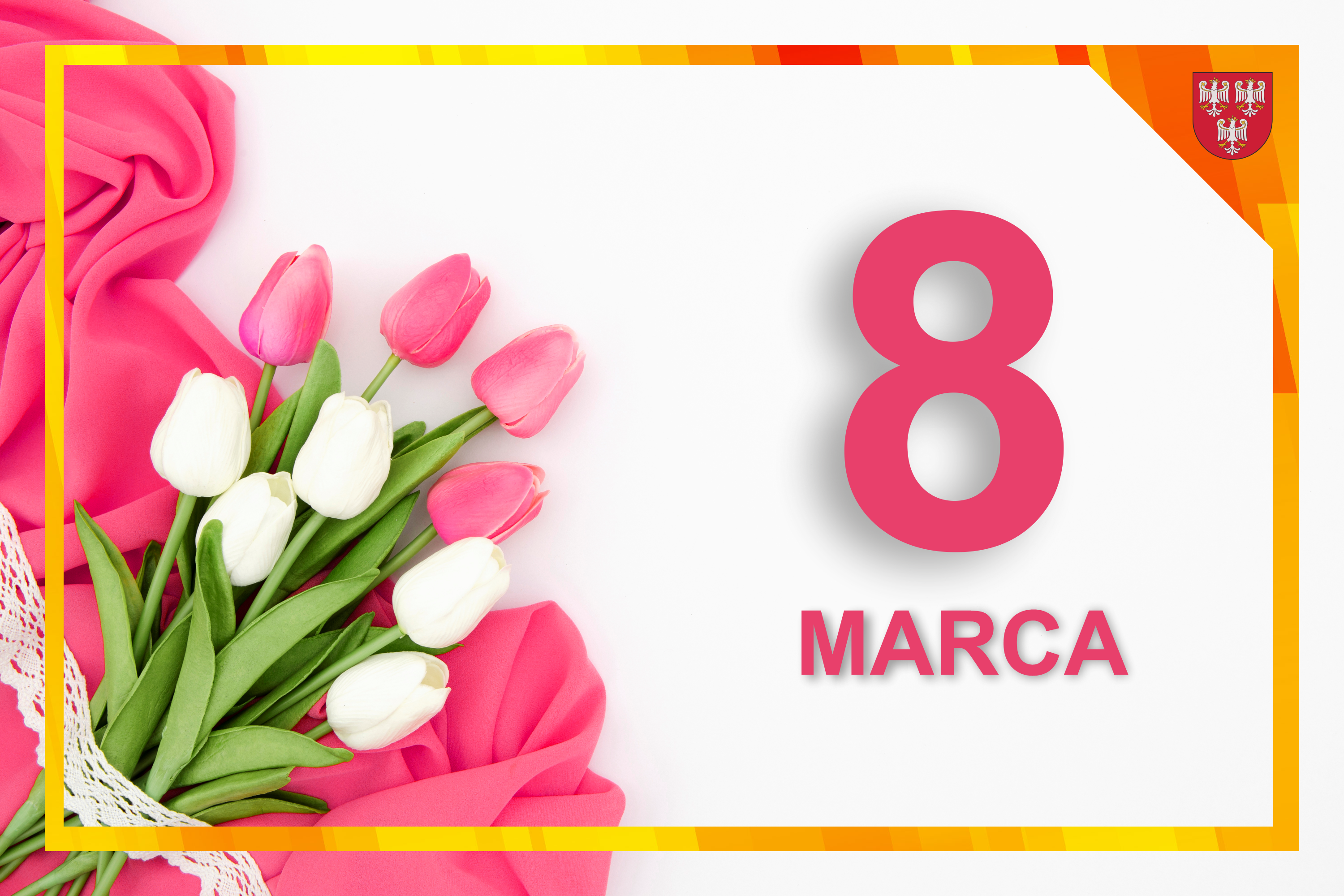 Kartka z kalendarza ze zdjęciem bukietu tulipanów i data 8 marca