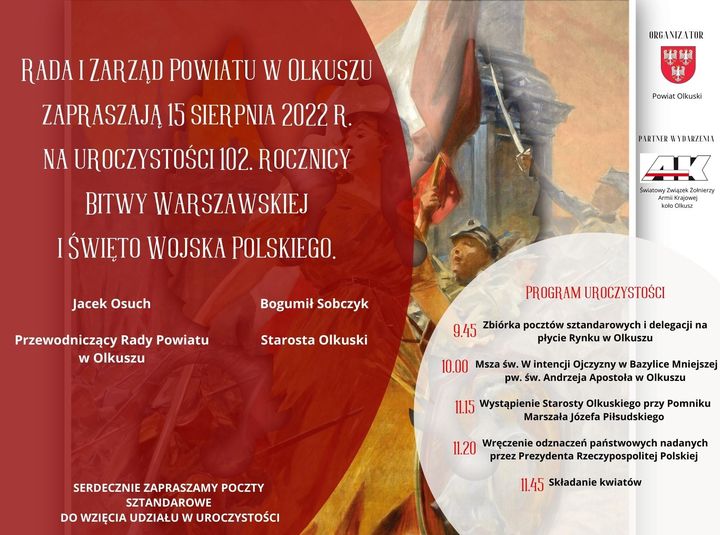 Plakat z zaproszeniem na powiatowe uroczystości 102. rocznicy Bitwy Warszawskiej i Święto Wojska Polskiego
