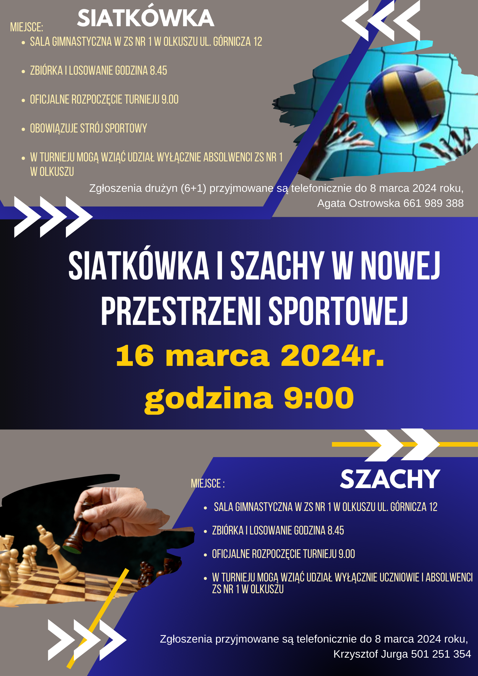 Plakat informacyjny o turnieju Siatkówka i Szachy