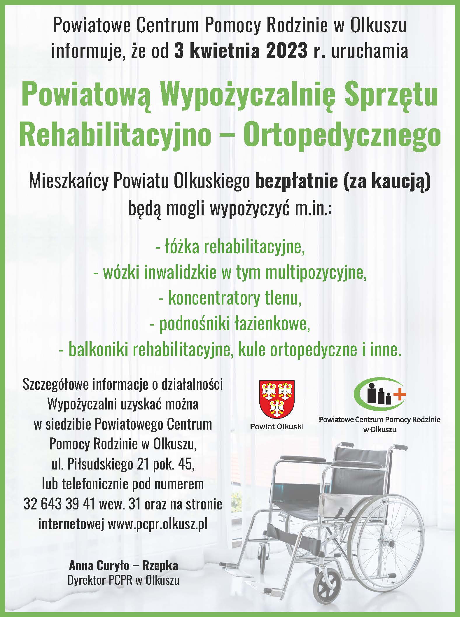 Plakat informujący o Powiatowej Wypożyczalni Sprzętu Rehabilitacyno – Ortopedycznego