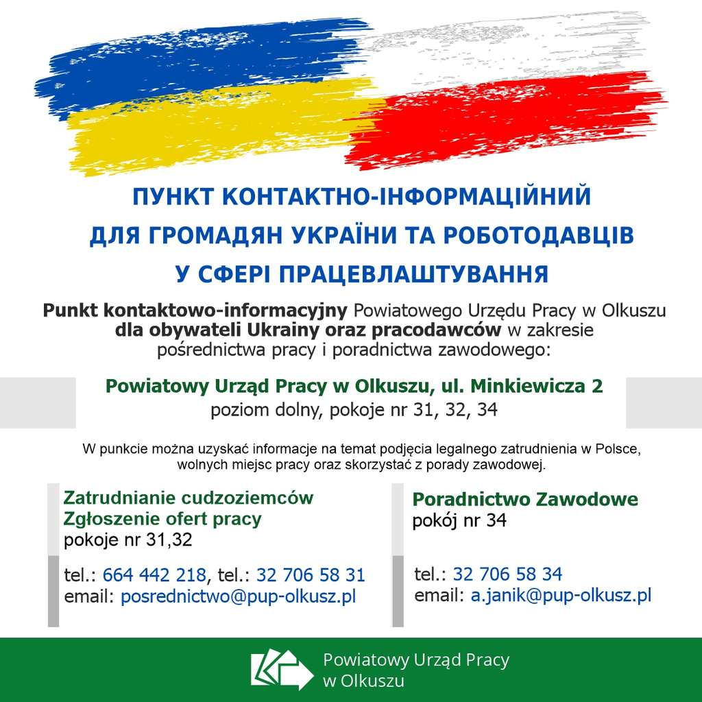 Plakat z informacją o punkcie kontaktowym PUP dla obywateli Ukrainy i pracowdawców